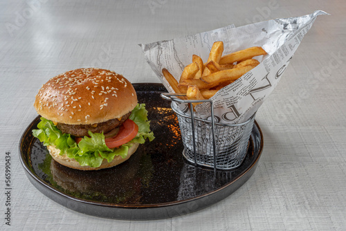 Paris, France - 01 18 2023: Middle East dishe culinary Still Life. Cheese burger with chopped steak, cheddar cheese, tomatoes, salad and french fries accompaniement photo