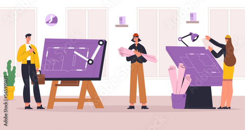 Builders, engineers, architects professional construction workers. People working in team, drawing plan of house