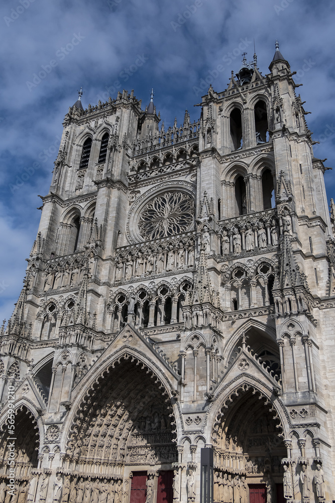 Fragment of Amiens Gothic Cathedral (Basilique Cathedrale Notre-Dame d'Amiens, 1220 - 1288). Amiens, Somme, Picardie, France.