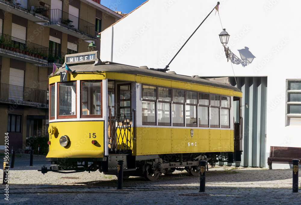 Vintage yellow tram close up background