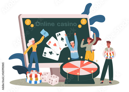 Internet casino winners. Man and woman characters playing roulette with slots, cards. Online gambling concept