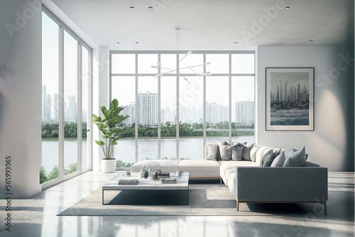  a living room with a couch and a table in it with a view of the city outside the window and a large window with a view of the water.  generative ai