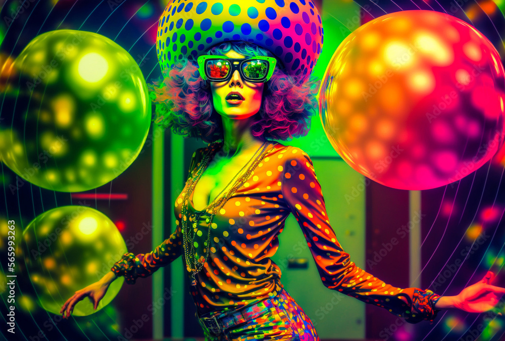 Fototapeta premium Woman at a colorful disco dance with wild fashion including a puffy hat and sunglasses. Balls are decorationg the creative space. Generative AI