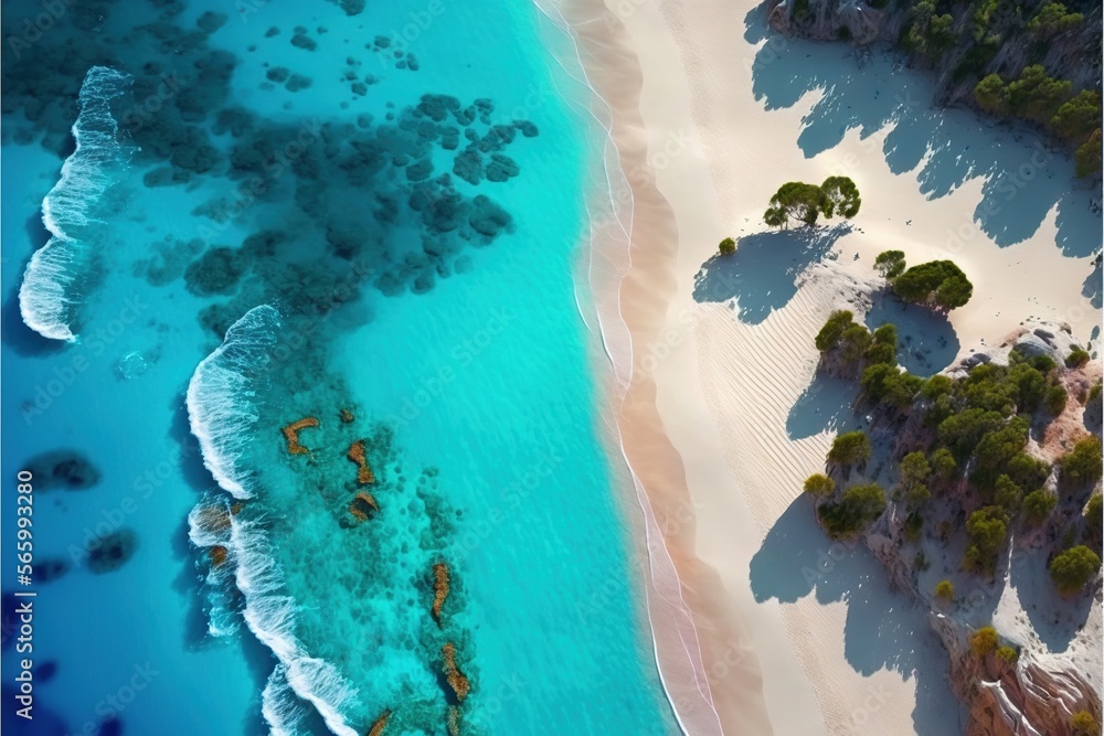  a beach with a sandy shoreline and a blue ocean with trees on it and a sandy shore with a few boats on it and a sandy shore.  generative ai
