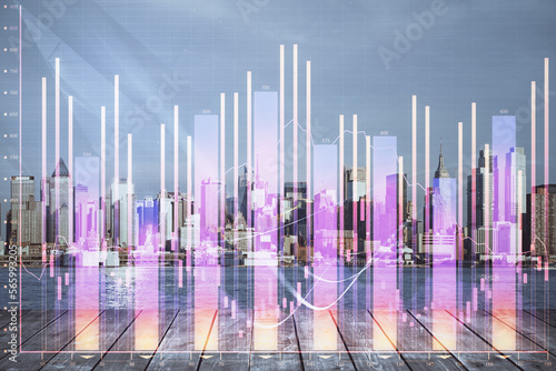 Forex graph on city view with skyscrapers background multi exposure. Financial analysis concept. © peshkova