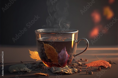  a cup of tea with a steam rising from it and leaves scattered around it on a table with a dark background and a few orange leaves. generative ai