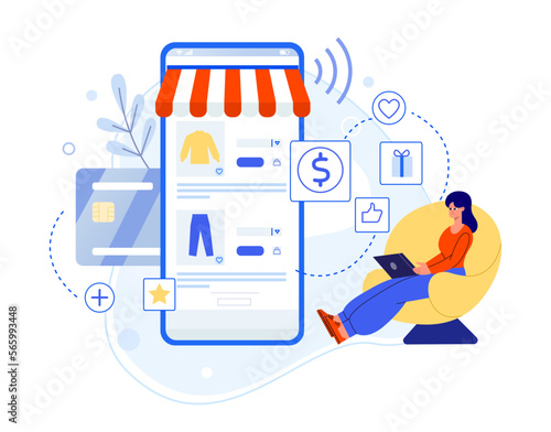 Mobile app shopping and person buy gifts. Woman sitting on chair with laptop and ordering purchases online. Smartphone screen
