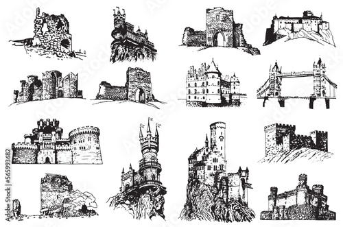 Graphical big set of medieval catles isolated on white, vector illustration.Architecture