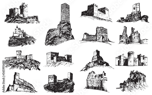 Graphical big set of medieval catles isolated on white, vector illustration.Architecture