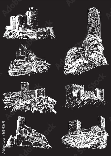 Graphical set of medieval catles isolated on black, vector illustration.Architecture