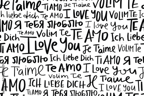 I love you phrase in English, French, Spanish, Italian, German, Russian and Serbo-Croatian languages. Seamless pattern repeated texture background. Vector illustration design. photo