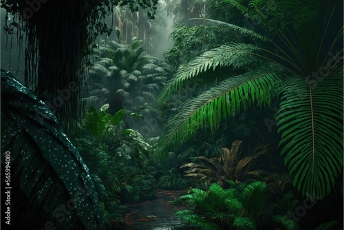  a painting of a jungle scene with a stream and trees in the background and a lot of green plants and trees in the foreground.  generative ai © Shanti