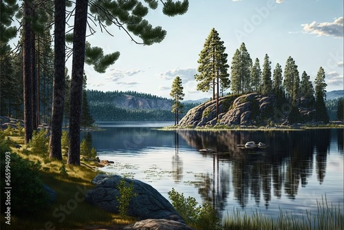  a painting of a lake surrounded by trees and rocks with a mountain in the background and a few ducks floating in the water on the lake. generative ai