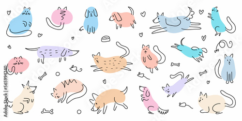 Vector collection of dogs and cats hand-drawn in doodle style