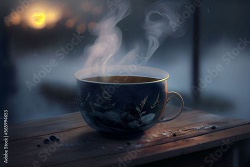 Steaming Tea in Winter. AI generated