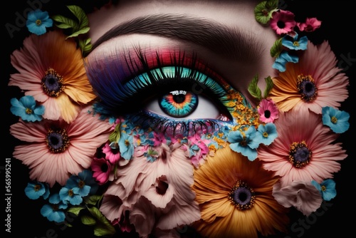  a close up of a person's eye with flowers around it and flowers around the eyes of the woman's face and the eye. generative ai
