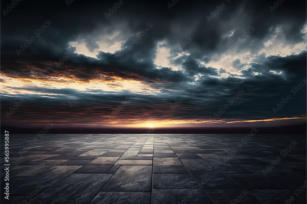  an empty room with a tiled floor and a sky filled with dark clouds above the floor is a square tile floor with a square pattern in the middle.  generative ai