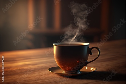  a steaming cup of coffee on a wooden table with a blurry background of a chair and a table lamp in the corner of the room. generative ai