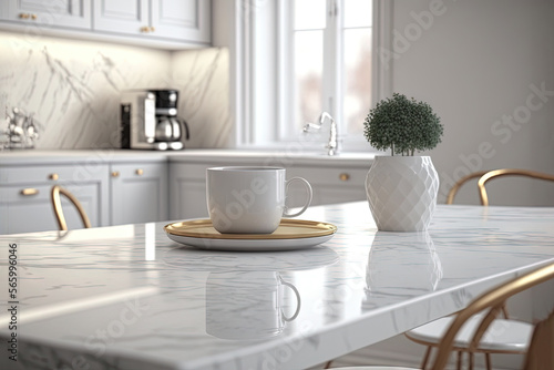  a white kitchen with a marble counter top and a white vase with a green plant in it on a plate on a gold plate on a wooden table. generative ai
