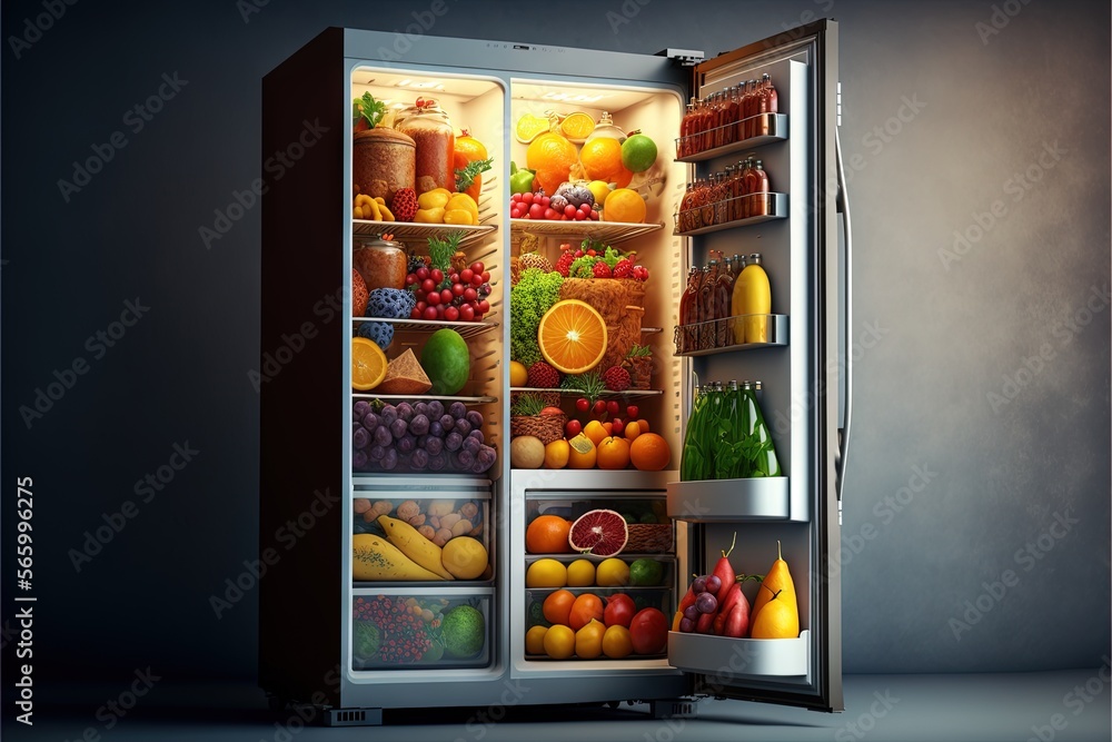  an open refrigerator with a variety of fruits and vegetables in it's door and a shelf full of juices and condiments.  generative ai
