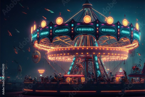 a carnival ride at night with many people on the ride and a lot of confetti flying in the air above it and a dark sky. generative ai