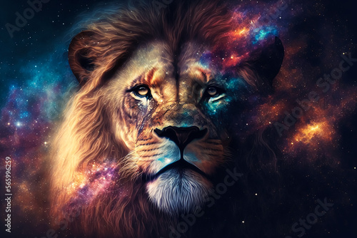 Lion galaxy nebulae face of Cosmic Lion. Generative AI