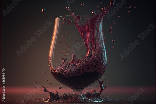  a wine glass with a red liquid splashing out of the top of it, on a dark background, with a red border around the glass.  generative ai photo