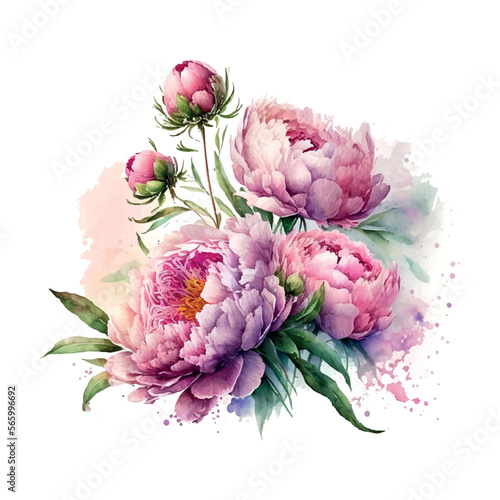 Vector stock flower illustration, Pink peony on a white background. Watercolor style