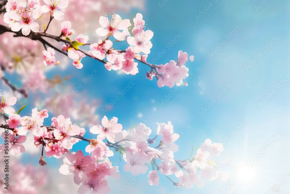Cherry blossoms with blue sky. Pink and White flowers with copy space and room for text. Cherry blossoms with blue sky. Pink and White flowers with copy space and room for text.