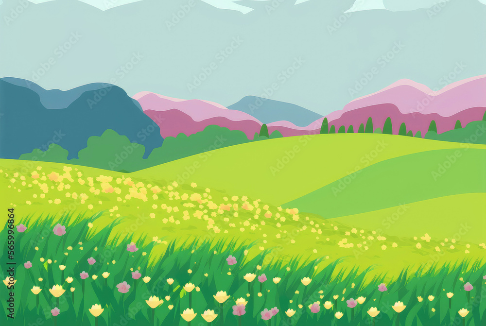 Grassy hills with pink trees and yellow wildflowers. Illustration of yellow flowers in an open field.