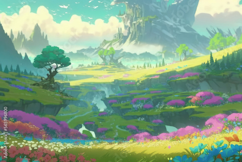 Fantasy Landscape with majestic trees  rocky cliffs  and waterfalls in the style of Japanse anime cel-shading.