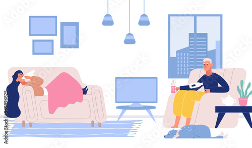 Sick people suffering from flu, cold at home. Woman lying on sofa under blanket, man sitting in armchair drinking hot tea
