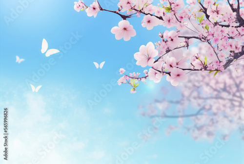 Cherry blossoms with blue sky and butterflies. Pink and White flowers with copy space and room for text.