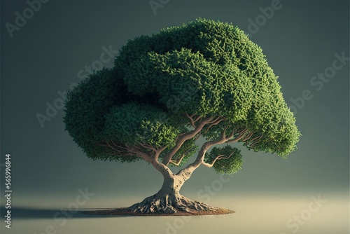  a tree that is growing out of a small island in the middle of the ocean with a gray sky in the background and a green background. generative ai