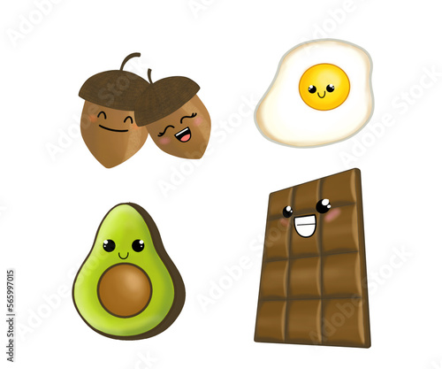 Four kawai food designs including a cute avocado, two hazelnuts, a chocolate bar and a smiling egg.