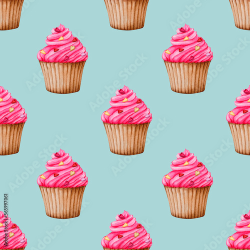 Seamless pattern with cupcakes on a blue background. Watercolor design for Valentine s Day  Birthday  Wedding  Anniversary. Ideal for printing on packaging  wrapping  stationery  fabrics  textiles..