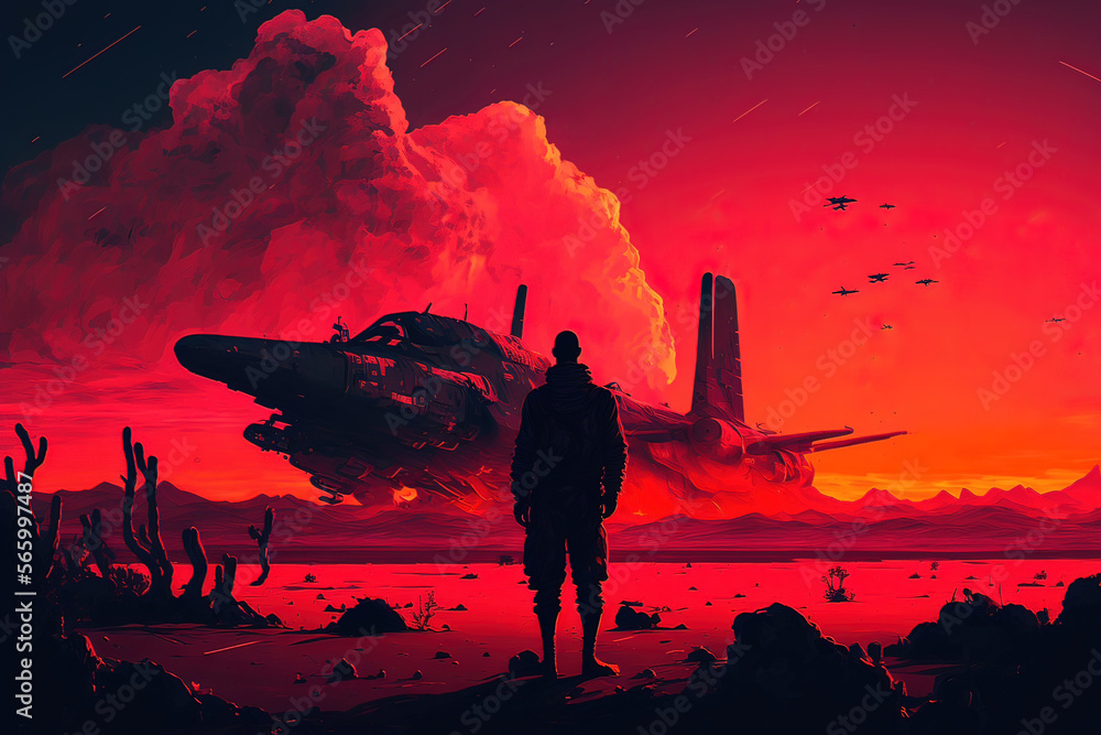 pilot and his plane under red sky Generative AI	