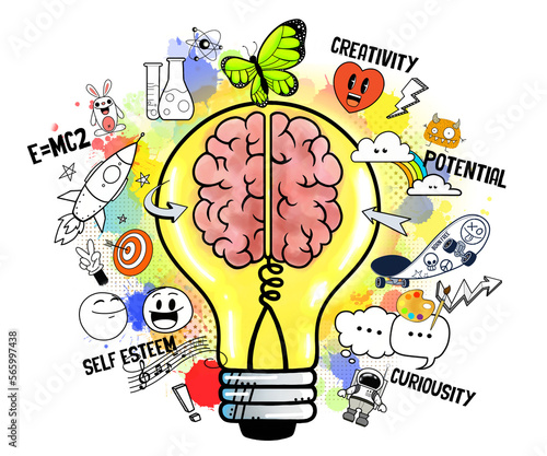 Drawing of a brain in a bulb light full of creativity, potentiel and intelligence.