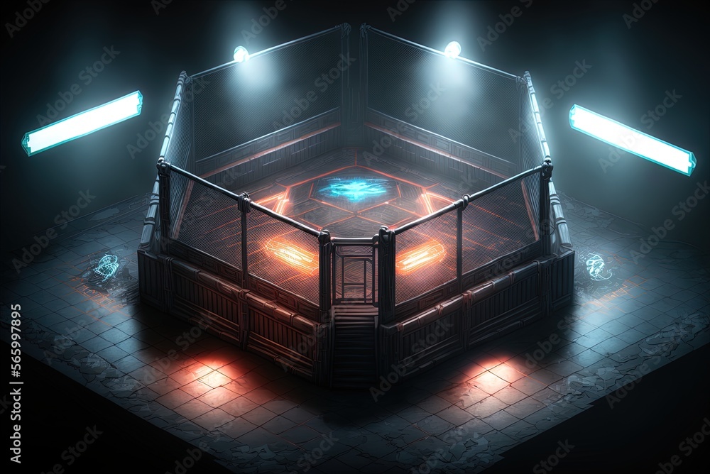 Indoor MMA (Mixed Martial Arts) Arena with Grid and Lights for Fights
