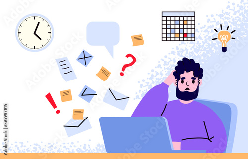 Time management, job stress and work productivity. Stressed male character sitting at desk and working at laptop