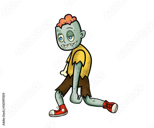 A struggling teenage zombie with his skull cut open showing his brain.