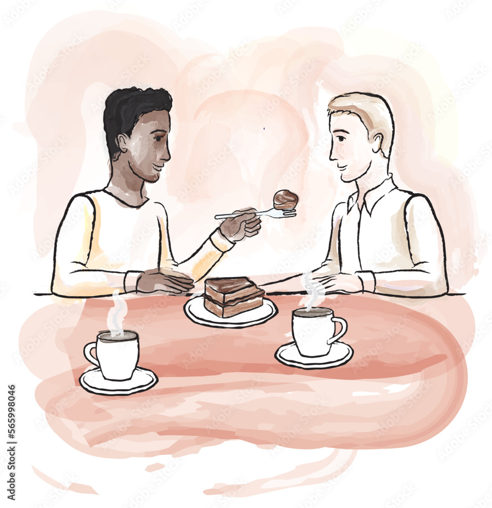 Vector illustration drawing of a gay couple sharing a cake Vector illustration drawing of a gay couple sharing a cake