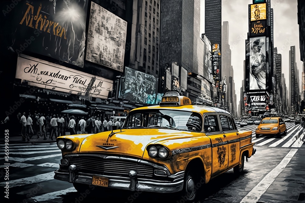 New York Yellow Cab Taxi On Times Square - Illustration, Wallpaper - obrazy, fototapety, plakaty 