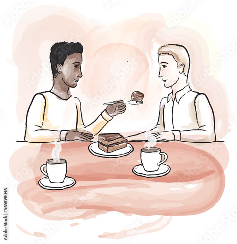 Vector illustration drawing of a gay couple sharing a cake