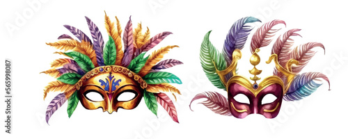Composition for Mardi Gras. Group of traditional objects. Mask, beads and feathers. Hand drawn watercolor illustration on white background