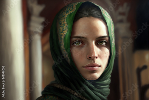 Fictional Person, beautiful muslim woman wearing a hijab in tangier, in a late afternoon, with clear eyes, generated by IA,