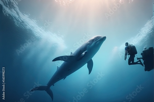  a man and a woman scuba with a shark in the ocean near a boat in the water with a scuba mask on and a scuba suit on.  generative ai