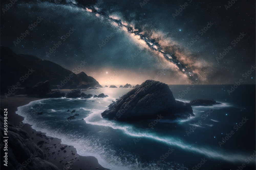  a night scene with a large rock in the middle of the ocean and a galaxy in the sky above the ocean and below the rocks.  generative ai