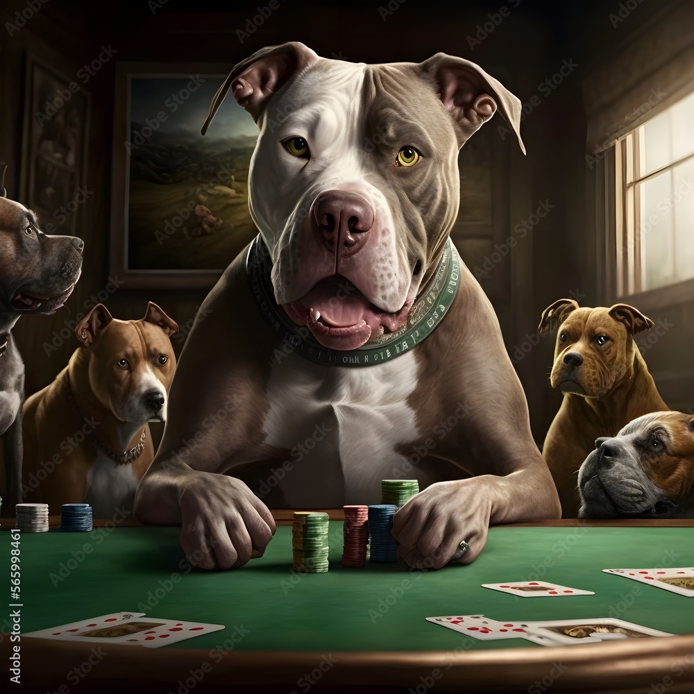 pitbull dog snarling playing at a poker table with other dogs high