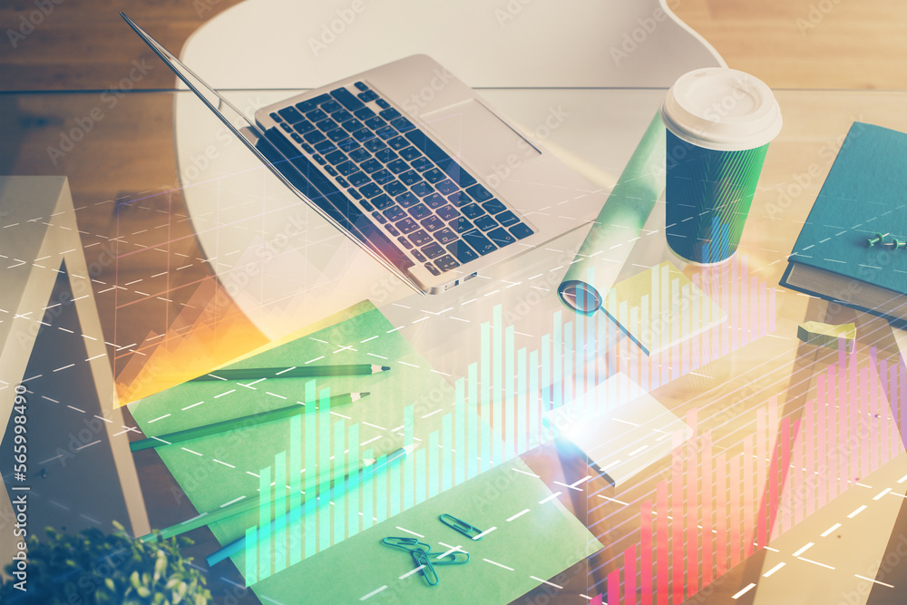 Double exposure of forex chart and work space with computer. Concept of international online trading. Double exposure of forex chart and work space with computer. Concept of international online trading.